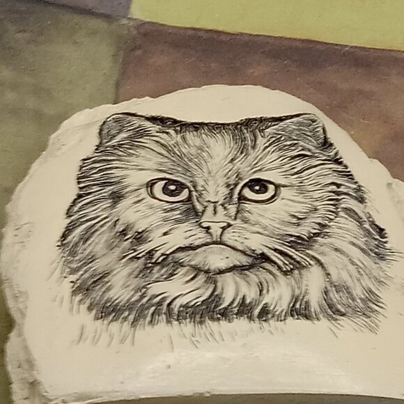 Resin CAT Long Hair PAPERWEIGHT Engraved Boulder Shape Tan Black 3D Etch - Picture 5 of 5